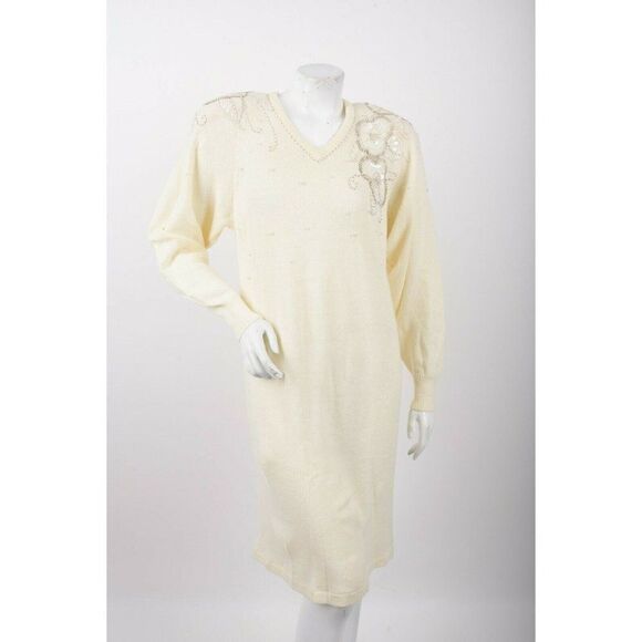 Vintage 1980s Darian Sweater Dress Size M Off White Cream Pearl Sequin embellish - Picture 1 of 6
